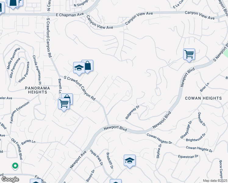 map of restaurants, bars, coffee shops, grocery stores, and more near 12652 Overbrook Drive in Santa Ana