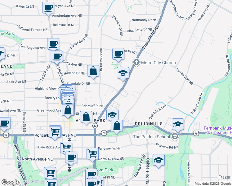map of restaurants, bars, coffee shops, grocery stores, and more near 872 Briarcliff Road Northeast in Atlanta