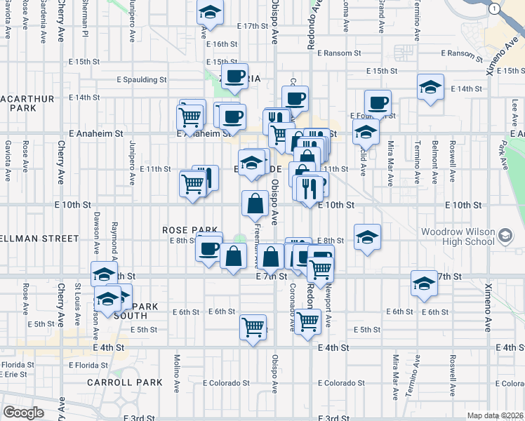 map of restaurants, bars, coffee shops, grocery stores, and more near 930 Freeman Avenue in Long Beach