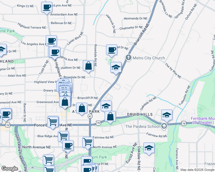 map of restaurants, bars, coffee shops, grocery stores, and more near 872 Briarcliff Road Northeast in Atlanta