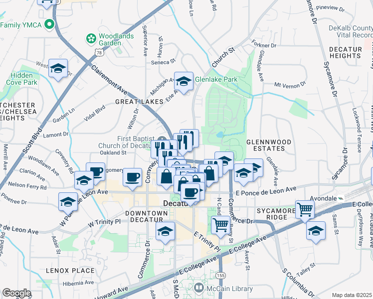 map of restaurants, bars, coffee shops, grocery stores, and more near 122 Williams St in Decatur