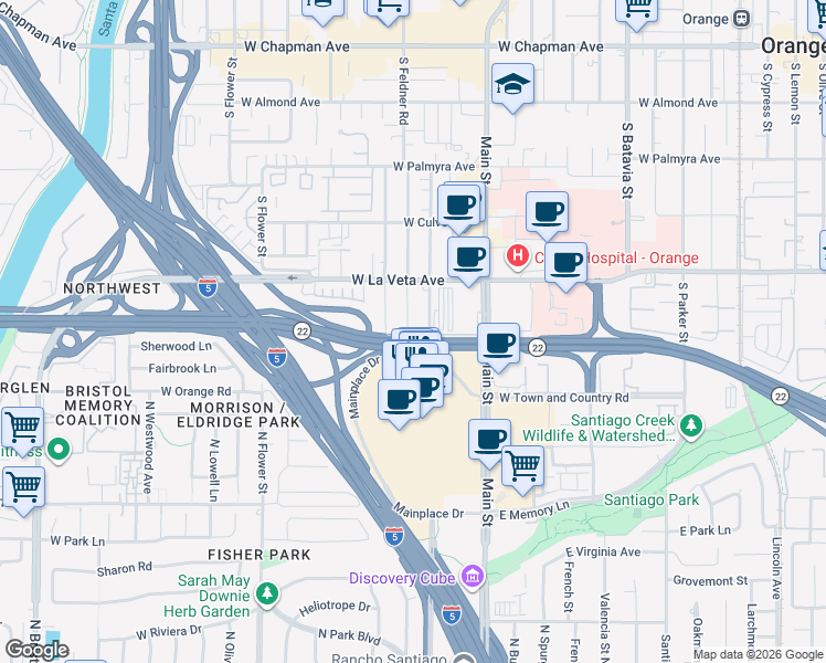 map of restaurants, bars, coffee shops, grocery stores, and more near 591 South Crest Road in Orange