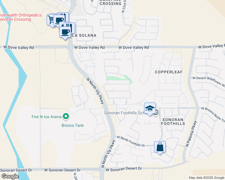 map of restaurants, bars, coffee shops, grocery stores, and more near 2415 West Dusty Wren Drive in Phoenix