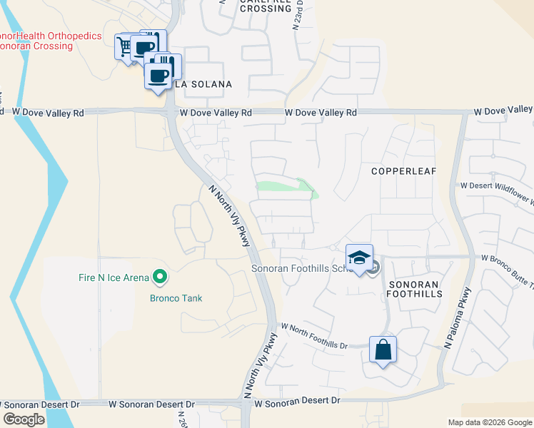 map of restaurants, bars, coffee shops, grocery stores, and more near 2415 West Dusty Wren Drive in Phoenix