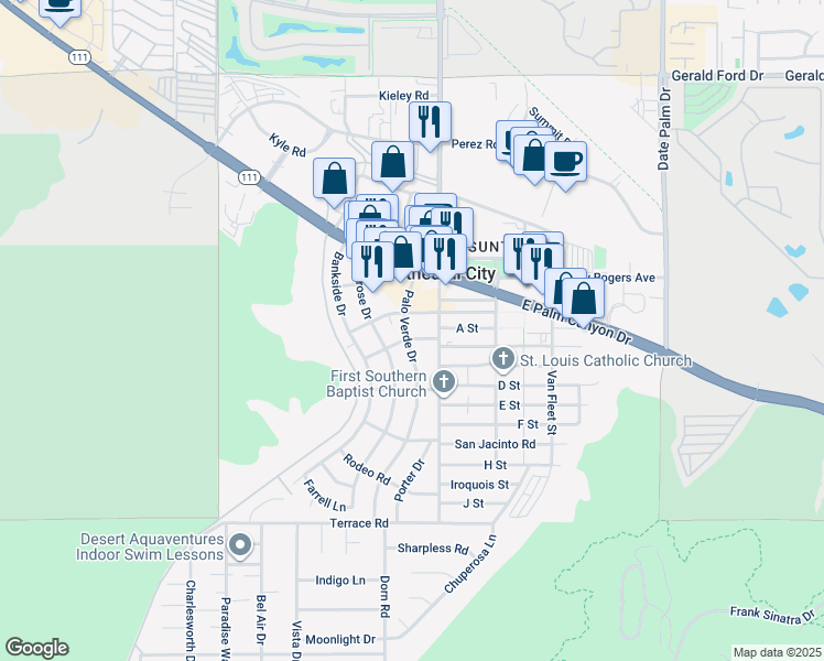 map of restaurants, bars, coffee shops, grocery stores, and more near 68460 Kings Road in Cathedral City