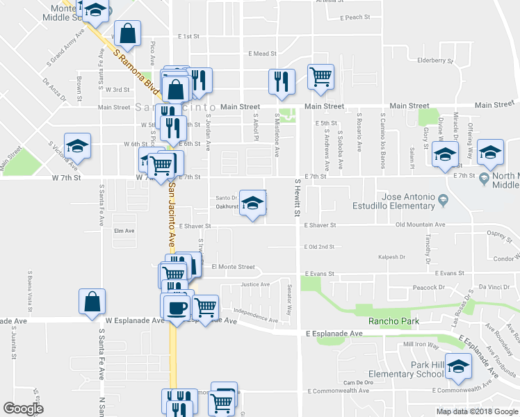 map of restaurants, bars, coffee shops, grocery stores, and more near 848 Minor Street in San Jacinto