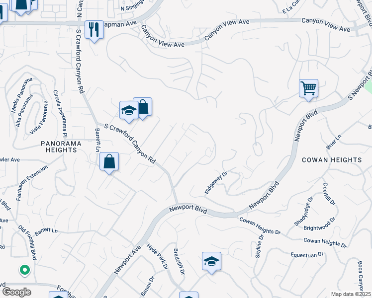 map of restaurants, bars, coffee shops, grocery stores, and more near 12652 Overbrook Drive in Santa Ana