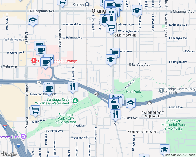 map of restaurants, bars, coffee shops, grocery stores, and more near 620 South Glassell Street in Orange