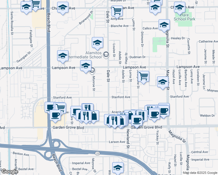 map of restaurants, bars, coffee shops, grocery stores, and more near 12676 Dale Street in Garden Grove