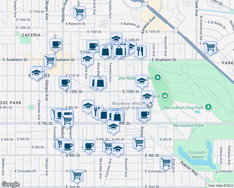 map of restaurants, bars, coffee shops, grocery stores, and more near 920 Belmont Avenue in Long Beach