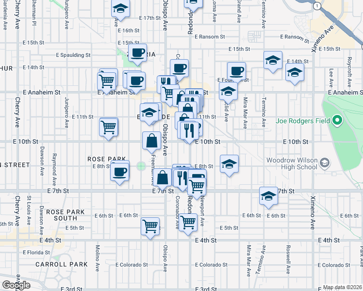 map of restaurants, bars, coffee shops, grocery stores, and more near 924 Coronado Avenue in Long Beach
