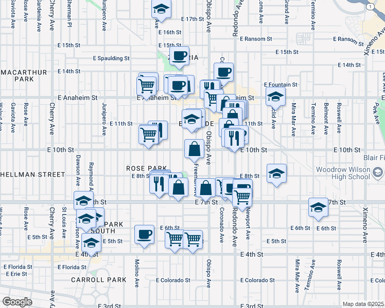 map of restaurants, bars, coffee shops, grocery stores, and more near 920 Orizaba Avenue in Long Beach
