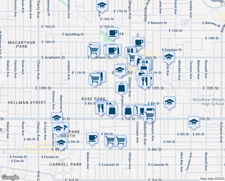 map of restaurants, bars, coffee shops, grocery stores, and more near 920 Orizaba Avenue in Long Beach