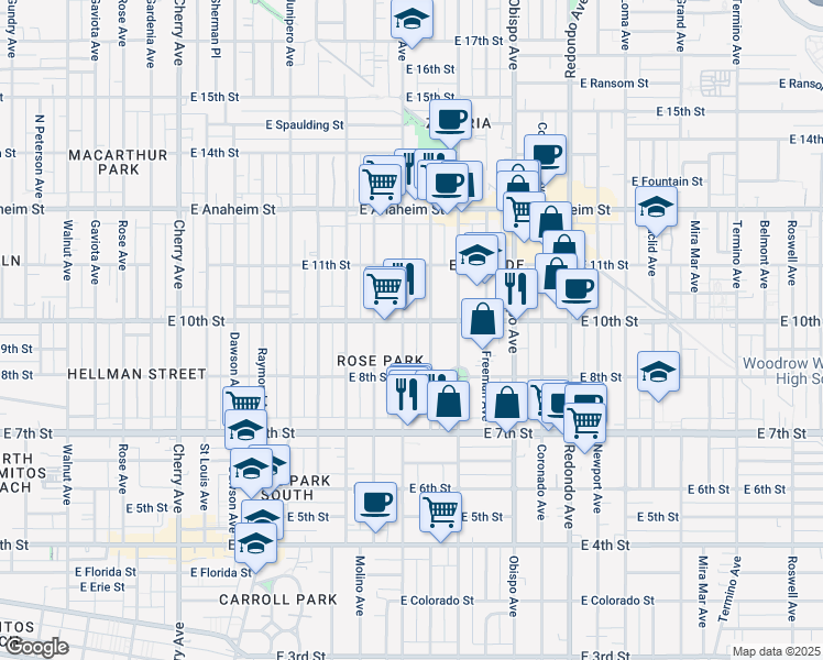 map of restaurants, bars, coffee shops, grocery stores, and more near 925 Gladys Avenue in Long Beach