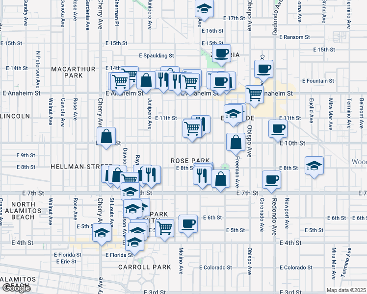 map of restaurants, bars, coffee shops, grocery stores, and more near 922 Molino Avenue in Long Beach