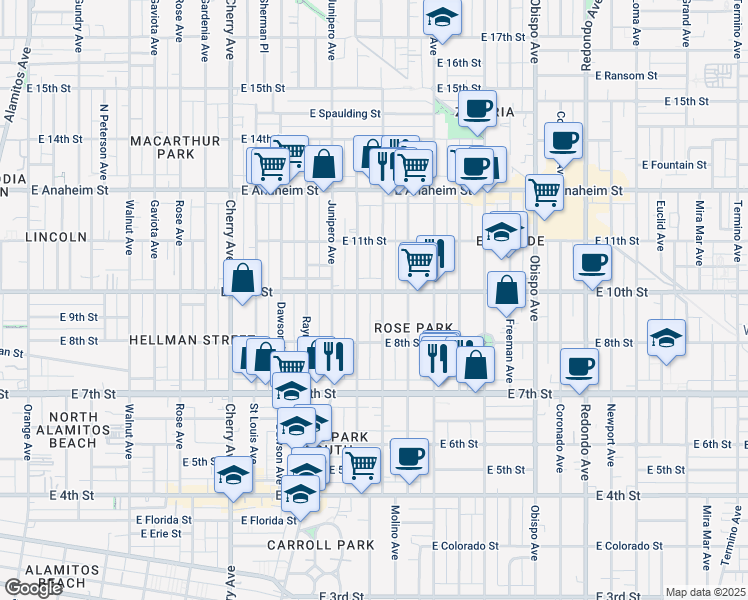 map of restaurants, bars, coffee shops, grocery stores, and more near 922 Molino Avenue in Long Beach