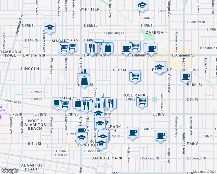 map of restaurants, bars, coffee shops, grocery stores, and more near 916 Raymond Avenue in Long Beach