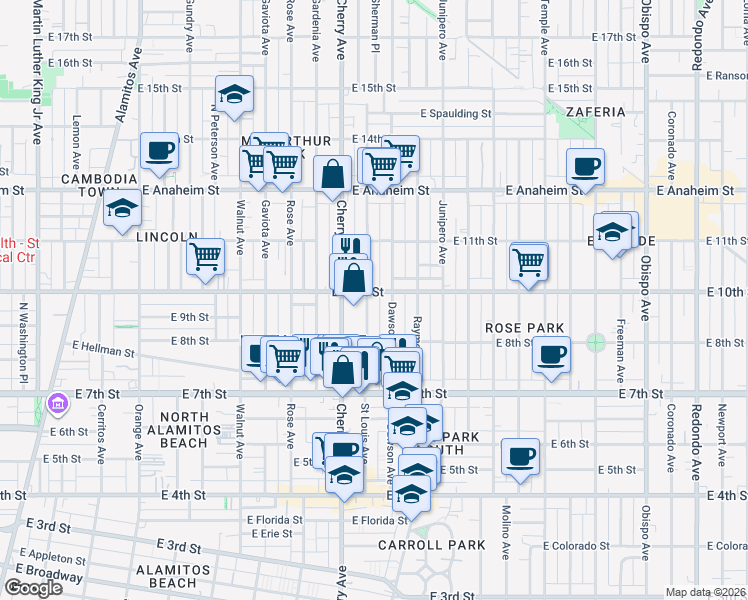 map of restaurants, bars, coffee shops, grocery stores, and more near 2038 East 10th Street in Long Beach