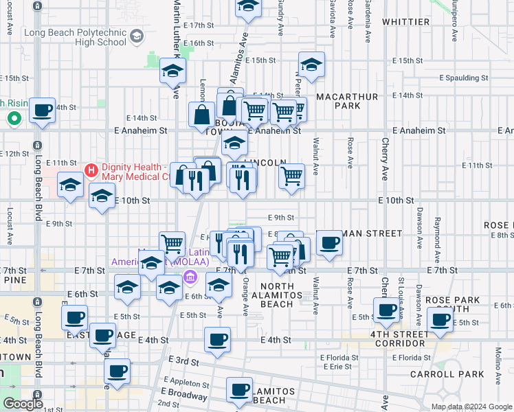 map of restaurants, bars, coffee shops, grocery stores, and more near 924 Orange Avenue in Long Beach
