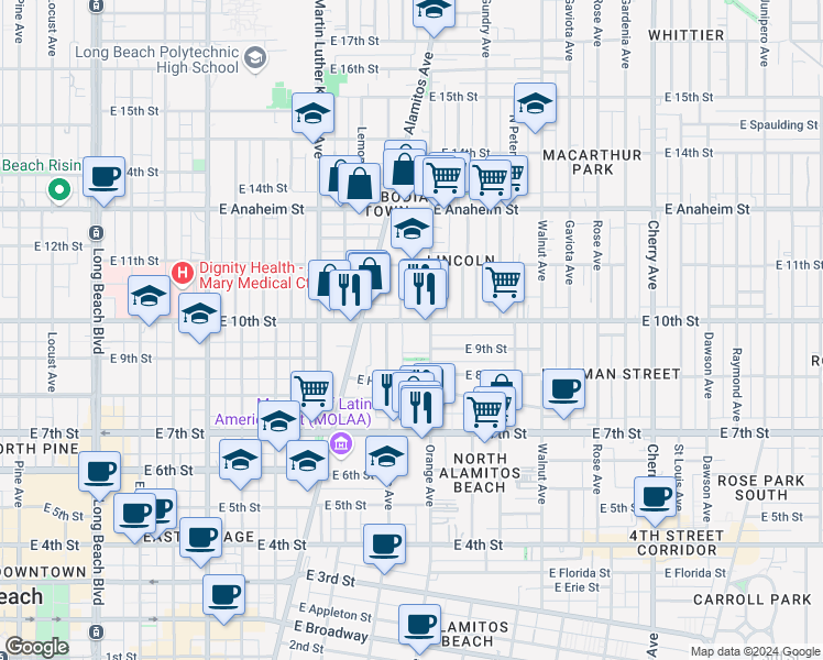 map of restaurants, bars, coffee shops, grocery stores, and more near 922 East San Pablo Court in Long Beach