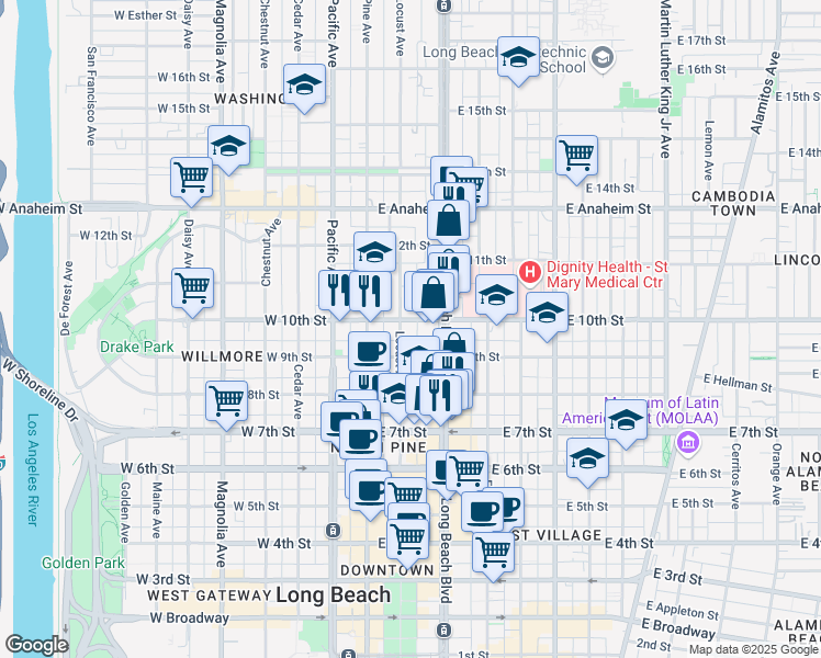 map of restaurants, bars, coffee shops, grocery stores, and more near 945 Locust Avenue in Long Beach