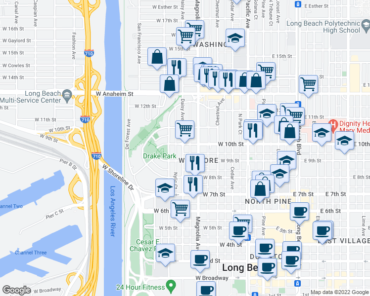 map of restaurants, bars, coffee shops, grocery stores, and more near in Long Beach