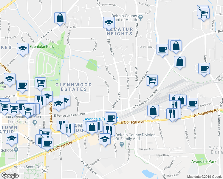 map of restaurants, bars, coffee shops, grocery stores, and more near 216 Hillcrest Avenue in Decatur