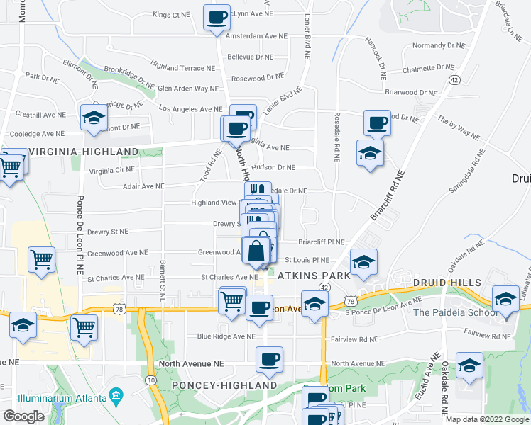 map of restaurants, bars, coffee shops, grocery stores, and more near 885 North Highland Avenue Northeast in Atlanta