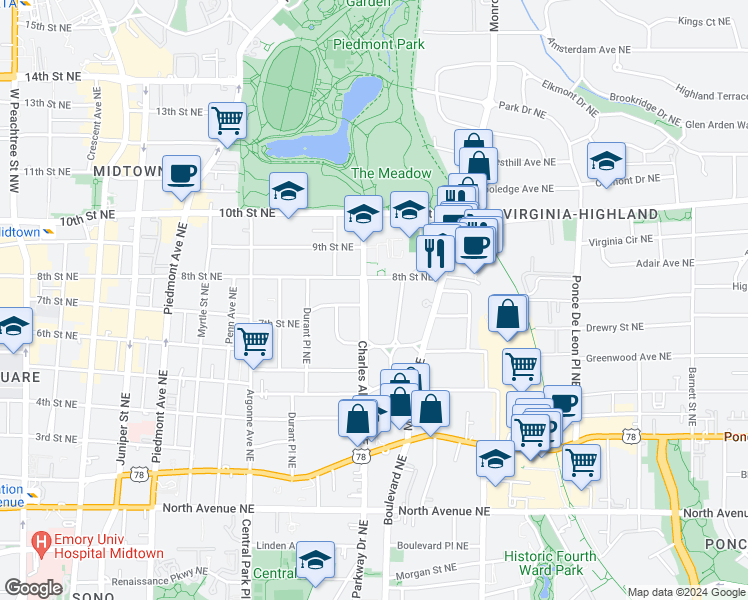 map of restaurants, bars, coffee shops, grocery stores, and more near 873 Charles Allen Drive Northeast in Atlanta