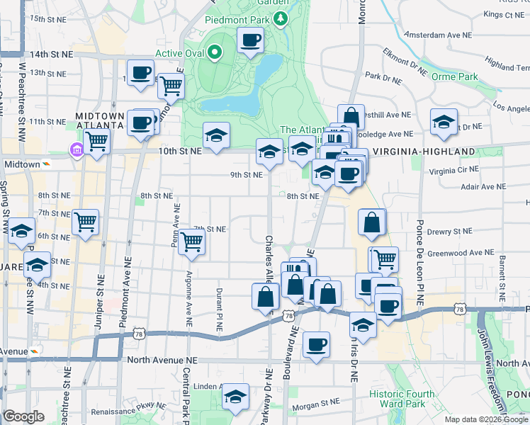 map of restaurants, bars, coffee shops, grocery stores, and more near 421 7th Street Northeast in Atlanta
