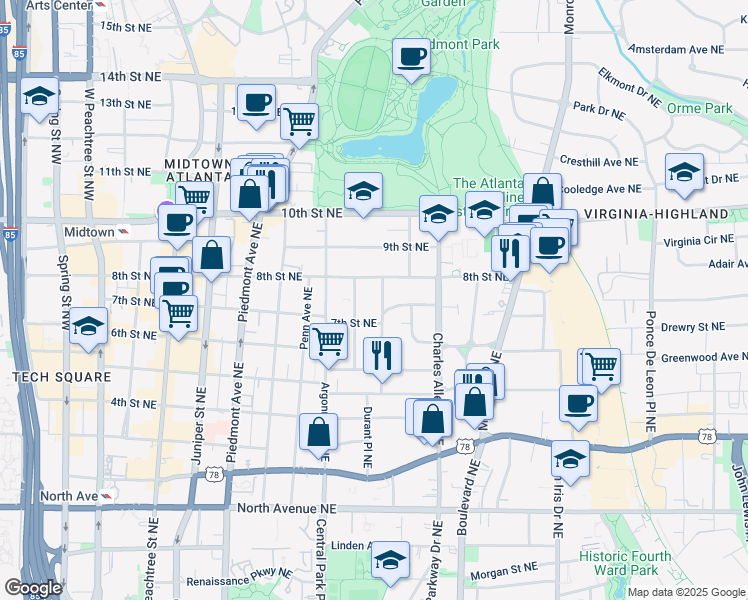 map of restaurants, bars, coffee shops, grocery stores, and more near 882 Durant Place Northeast in Atlanta