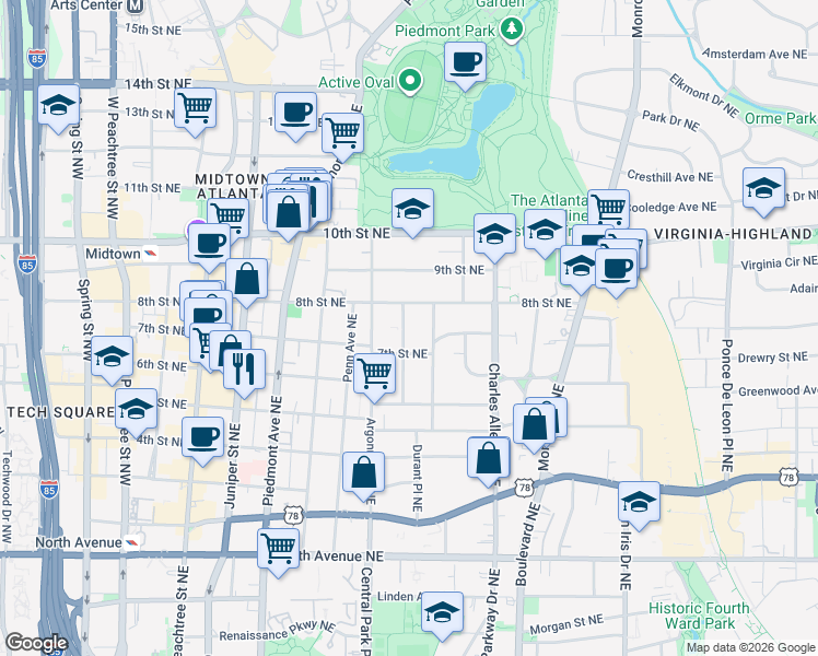map of restaurants, bars, coffee shops, grocery stores, and more near 885 Glendale Terrace Northeast in Atlanta