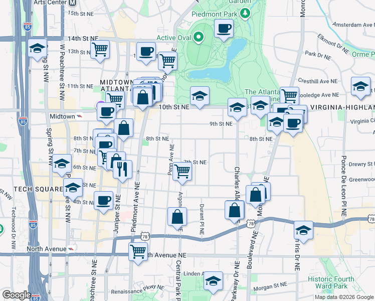 map of restaurants, bars, coffee shops, grocery stores, and more near 883 Argonne Avenue Northeast in Atlanta