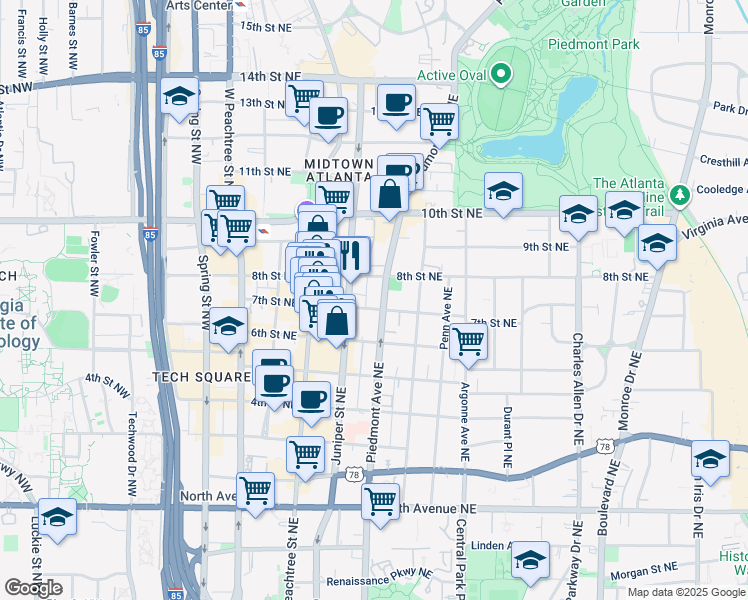 map of restaurants, bars, coffee shops, grocery stores, and more near 875 Piedmont Avenue Northeast in Atlanta