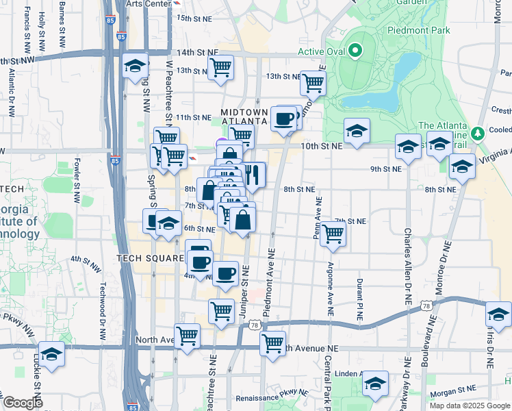 map of restaurants, bars, coffee shops, grocery stores, and more near 146 7th Street Northeast in Atlanta