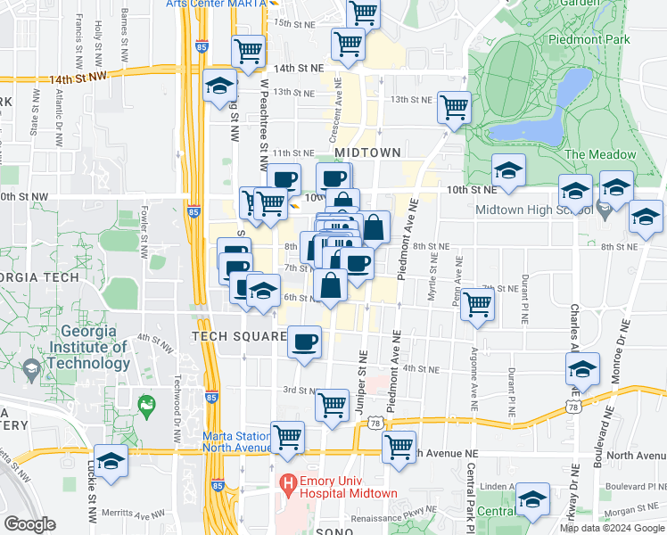 map of restaurants, bars, coffee shops, grocery stores, and more near 881 Peachtree Street Northeast in Atlanta