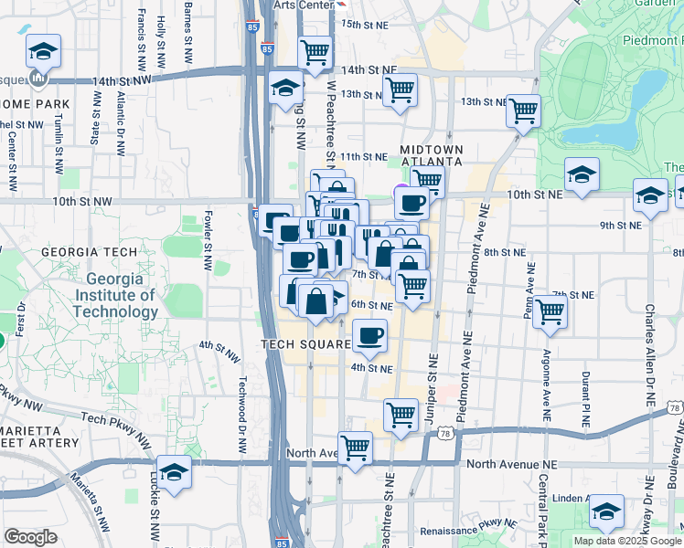 map of restaurants, bars, coffee shops, grocery stores, and more near 885 West Peachtree Street Northwest in Atlanta