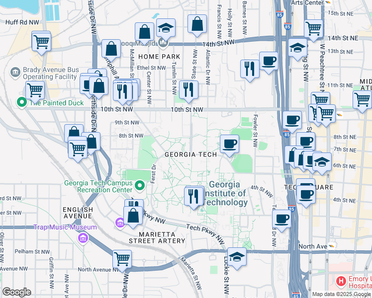 map of restaurants, bars, coffee shops, grocery stores, and more near in Atlanta