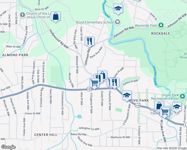 map of restaurants, bars, coffee shops, grocery stores, and more near 867 Hollywood Road Northwest in Atlanta