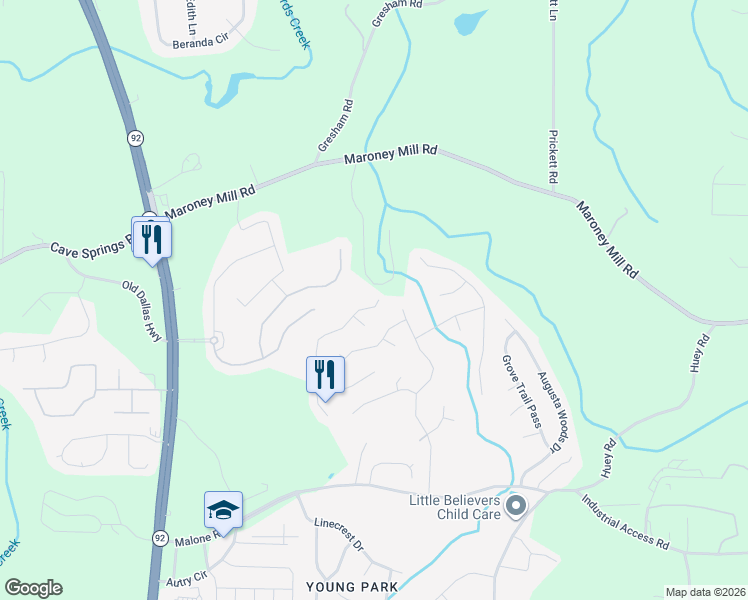 map of restaurants, bars, coffee shops, grocery stores, and more near 7287 Essex Drive in Douglasville