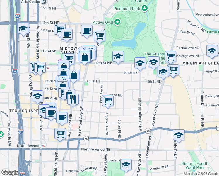 map of restaurants, bars, coffee shops, grocery stores, and more near 883 Argonne Avenue Northeast in Atlanta