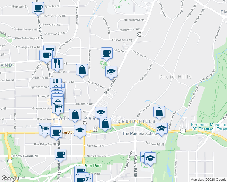 map of restaurants, bars, coffee shops, grocery stores, and more near 1242 Virginia Court in Atlanta