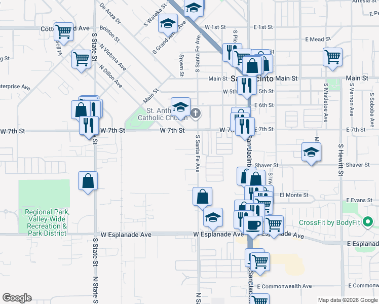 map of restaurants, bars, coffee shops, grocery stores, and more near 422 Jonnie Way in San Jacinto