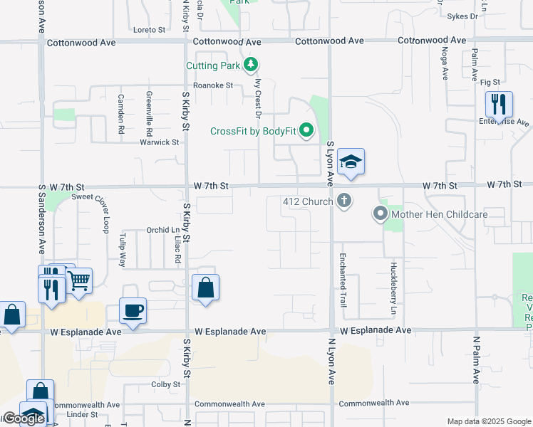 map of restaurants, bars, coffee shops, grocery stores, and more near Thunder Trail in San Jacinto
