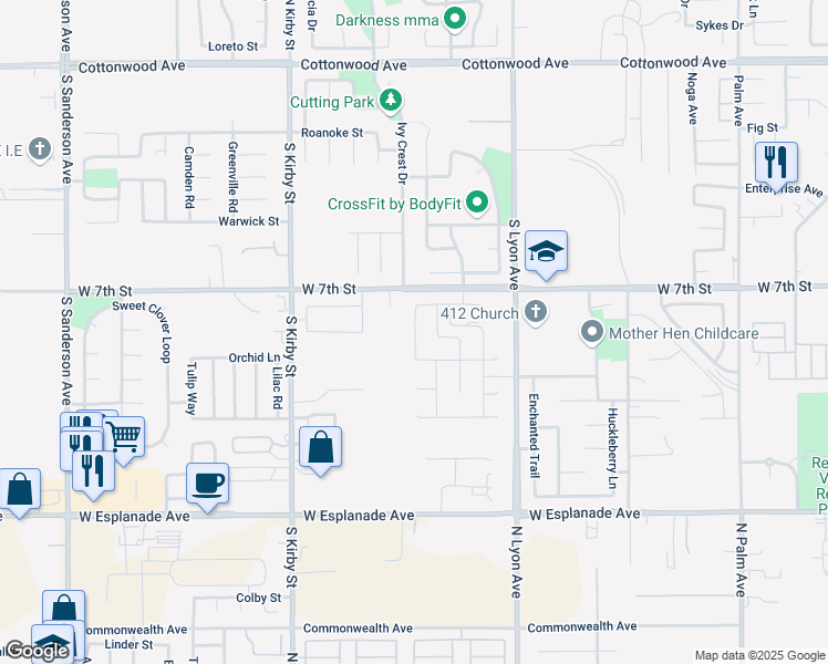 map of restaurants, bars, coffee shops, grocery stores, and more near Thunder Trail in San Jacinto