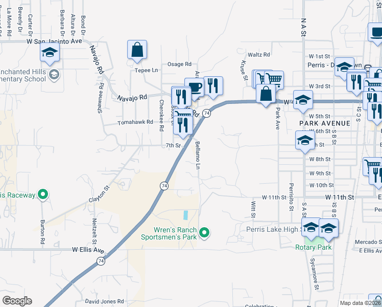 map of restaurants, bars, coffee shops, grocery stores, and more near 23540 California 74 in Perris