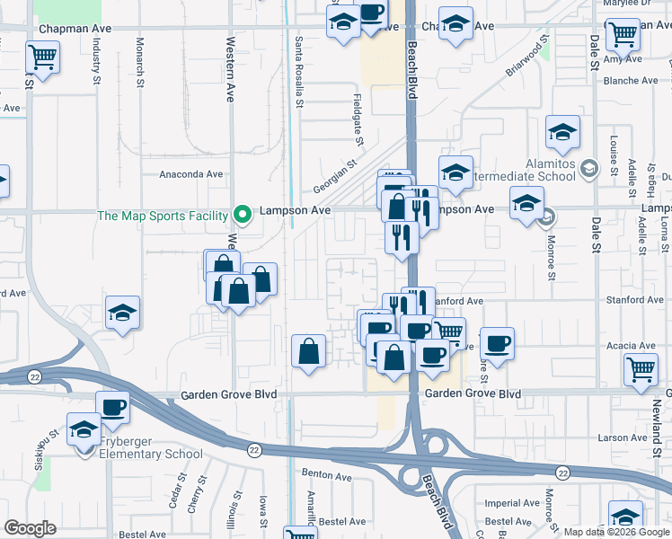 map of restaurants, bars, coffee shops, grocery stores, and more near 7703 Lansdale Circle in Stanton