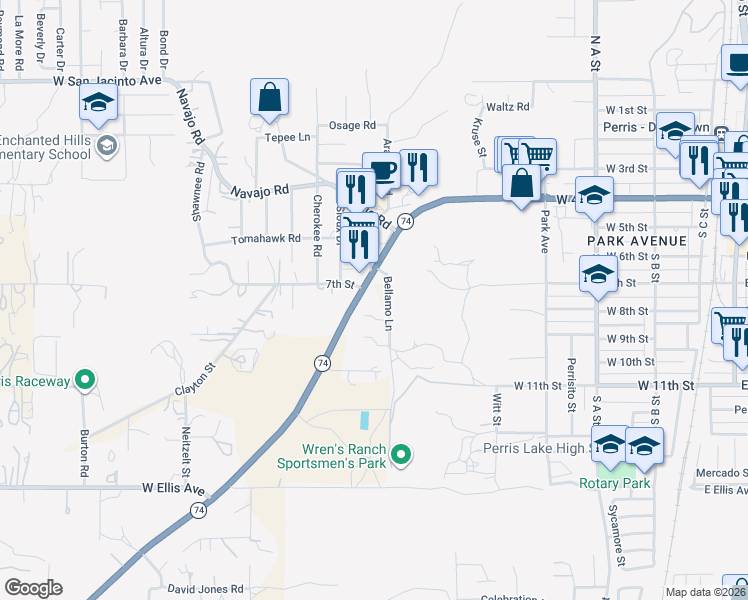 map of restaurants, bars, coffee shops, grocery stores, and more near 23540 California 74 in Perris