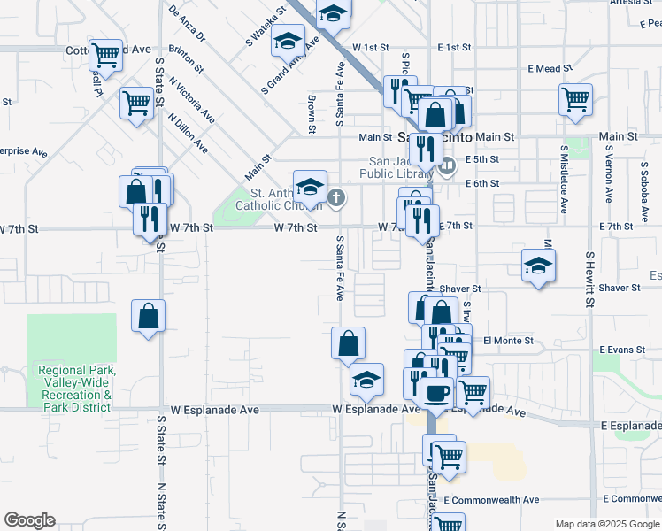 map of restaurants, bars, coffee shops, grocery stores, and more near 416 Jonnie Way in San Jacinto