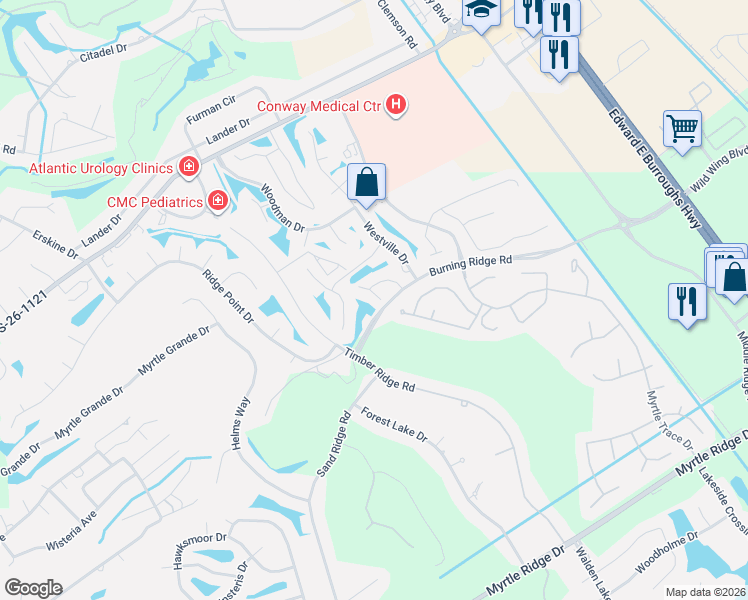 map of restaurants, bars, coffee shops, grocery stores, and more near 138 Berry Tree Lane in Conway